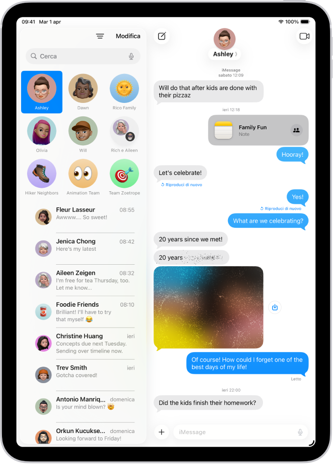 Una conversazione in Messaggi che include un messaggio di testo e una foto inviata con l’effetto “Inchiostro invisibile”.