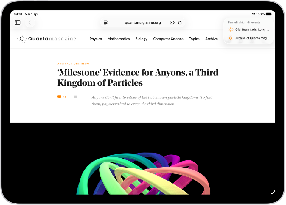 Safari con una pagina web aperta. Nella parte superiore destra dello schermo, il pulsante “Nuovo pannello” è selezionato ed è presente un elenco di due pannelli chiusi di recente.