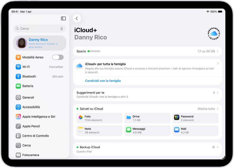 La schermata delle impostazioni che mostra la barra dello spazio di archiviazione disponibile e un elenco di funzionalità, tra cui Foto, iCloud Drive e “Backup iCloud”, che possono essere utilizzate con iCloud.