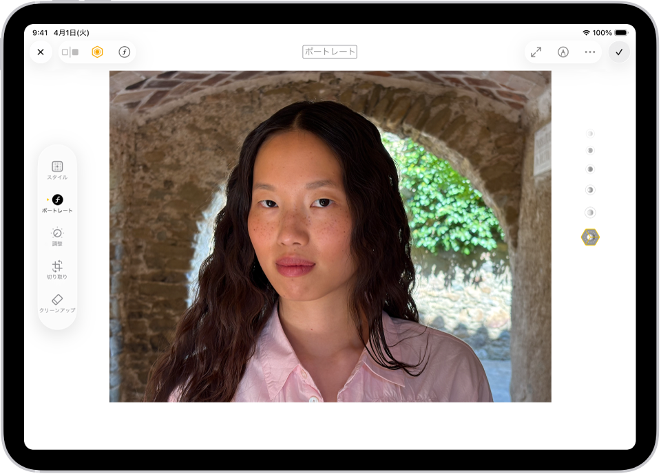 ポートレートモードの写真の「編集」画面。写真が画面の中央にあり、画面の右側にはポートレート照明エフェクトオプションが並んでいます。「ステージ照明」が選択され、エフェクトのレベルを調整するスライダが表示されています。画面の左側には、「ポートレート」、「調整」、「フィルタ」、および「切り取り」の各ボタンがあります。「ポートレート」ボタンが選択されています。