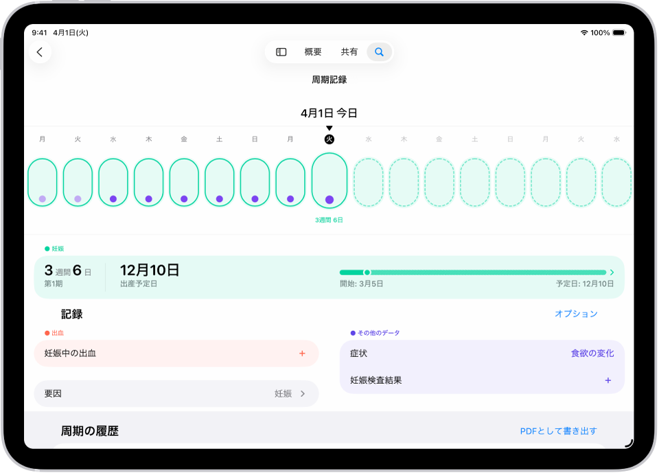 「周期記録」画面。画面上部に、1週間の妊娠タイムラインが表示されています。薄緑色の楕円と紫のドットは、タイムライン上の最初の7日間を表しています。点線になっている薄緑色の楕円は、タイムライン上の他の日を表しています。タイムラインの下には妊娠の概要があり、妊娠期間、妊娠初日、推定された出産予定日が表示されています。妊娠の概要の下には、妊娠中の出血や症状などの情報を追加するオプションがあります。
