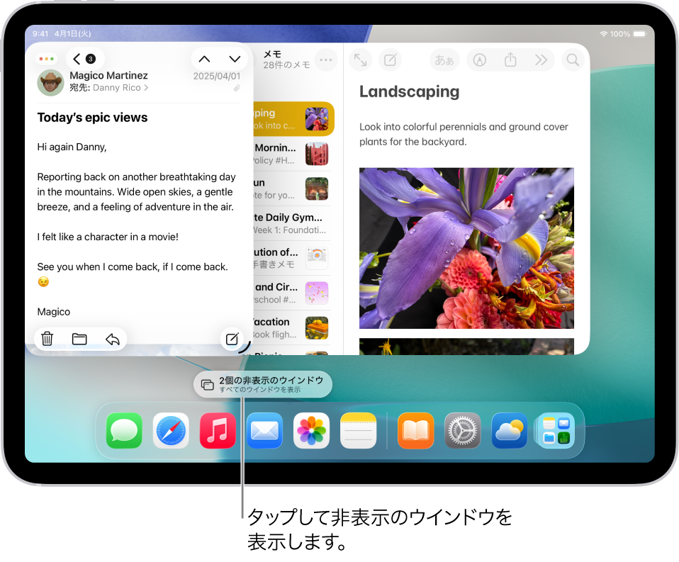 2つのアプリが開かれているiPad画面。錠剤の形をした「すべてのウインドウを表示」ボタンが表示されています。これをタップすると、そのアプリの開いているウインドウがすべて表示されます。