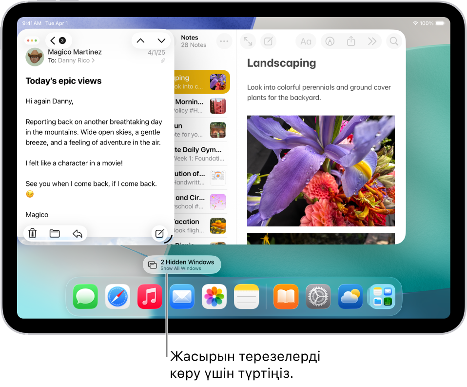 Екі ашық қолданбасы бар iPad экраны және таблетка тәрізді «Барлық терезені көрсету» түймесі, оны басқан кезде мақсатты қолданбадағы барлық ашық терезелер көрсетіледі.