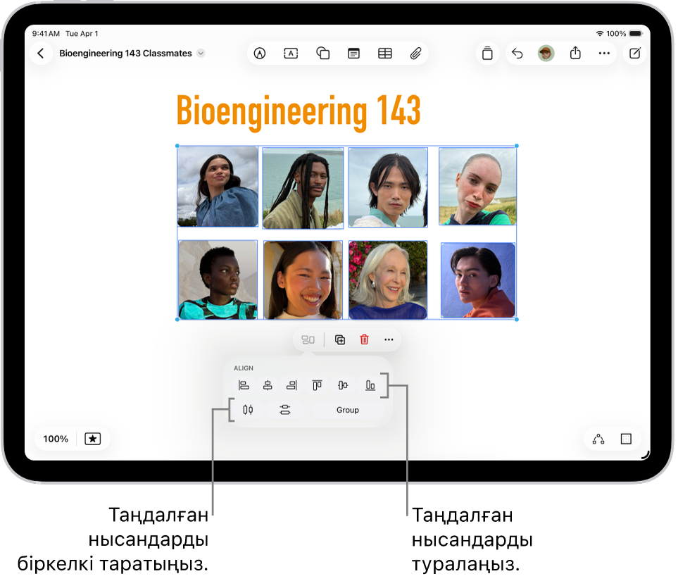 Фотолар торымен толтырылған Freeform тақтасы. Бірнеше фото таңдалған және туралау және топтау құралдары олардың төменінде пайда болады.