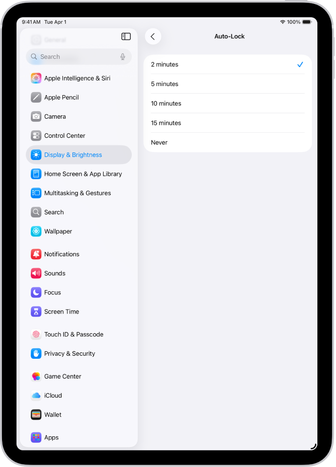 iPad ಸ್ವಯಂಚಾಲಿತವಾಗಿ ಲಾಕ್ ಆಗುವ ಮುಂಚಿನ ಸಮಯಾವಧಿಗೆ ಸಂಬಂಧಿಸಿದ ಸೆಟ್ಟಿಂಗ್ಸ್ ಜೊತೆಗಿನ ಸ್ವಯಂಚಾಲಿತ ಲಾಕ್ ಸ್ಕ್ರೀನ್.