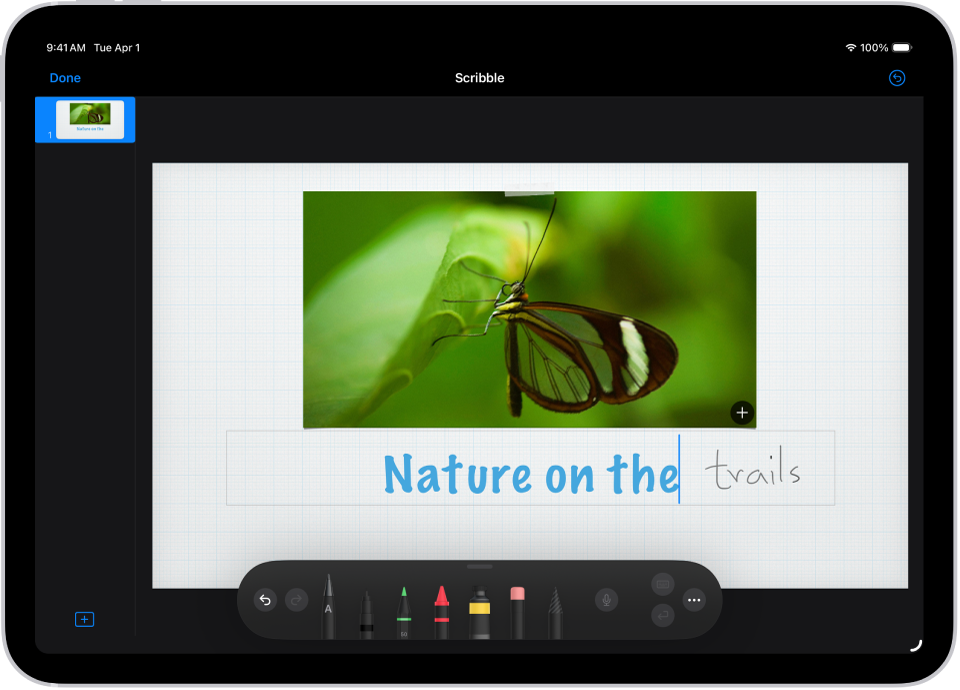 Keynote ಸ್ಲೈಡ್‌ಗೆ ಶೀರ್ಷಿಕೆಯನ್ನು ಸೇರಿಸಲಾಗುತ್ತಿದೆ. Apple Pencil ಬಳಸಿ ಬರೆಯುತ್ತಾ ಹೋದಂತೆ, ಪದಗಳು ಟೈಪ್ ಮಾಡಿದ ಪಠ್ಯವಾಗಿ ಪರಿವರ್ತನೆಯಾಗುತ್ತವೆ.