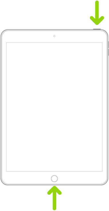 홈 버튼이 있는 iPad. 화살표가 홈 버튼 및 상단 버튼을 가리킴.