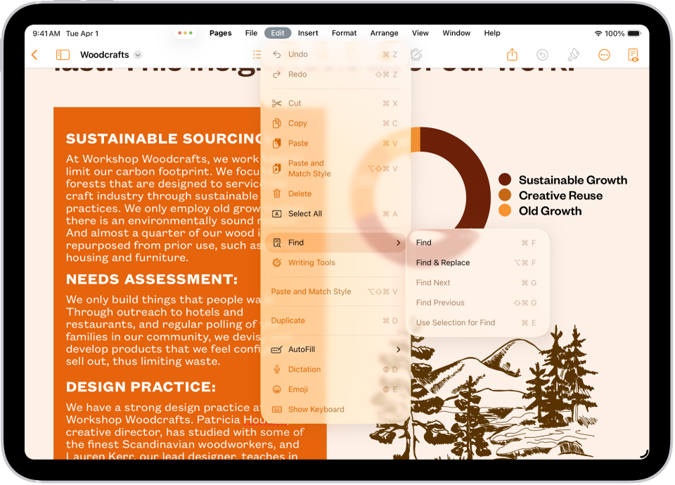 Atidaryta programa „Pages“, o ekrano viršuje rodoma jos meniu juosta. Meniu juostoje atidarytas redagavimo meniu, kuriame rodomas veiksmų sąrašas – įskaitant „Pažymėti viską“, „Rasti“, „Dubliuoti“ ir kt.