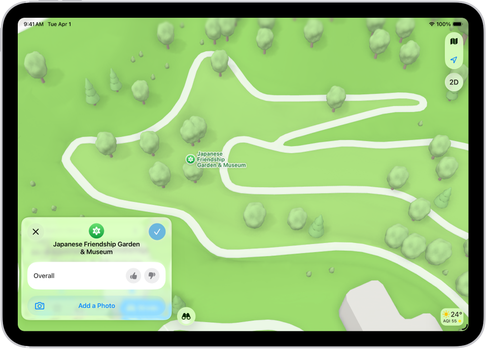 „iPad“ su vietos kortele, kurioje rodomas bendras vietos įvertinimas, nuotraukos ir mygtukai, kad galėtumėte pridėti arba naršyti nuotraukas arba įvertinti vietą.