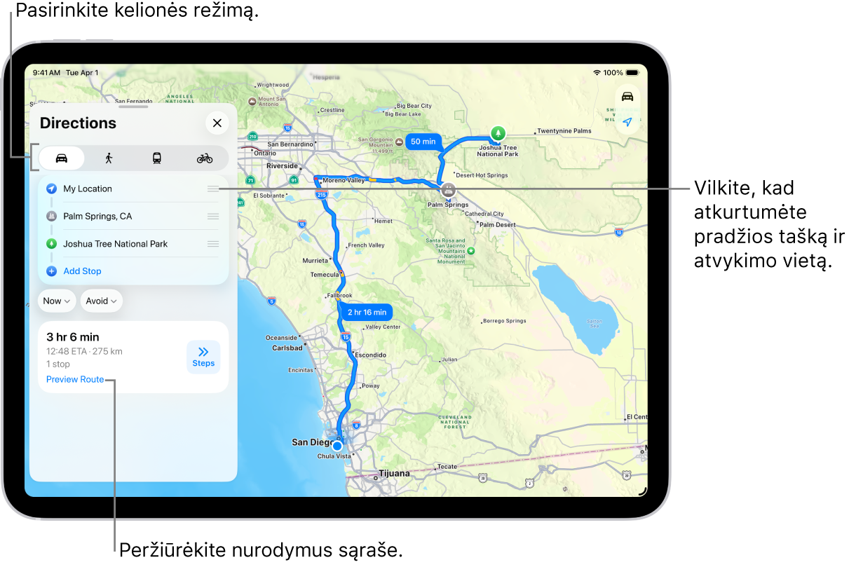 Žemėlapis su keliais galimais vairavimo maršrutais, kuriais galima važiuoti tarp „Mano vietos“ ir atvykimo vietos.