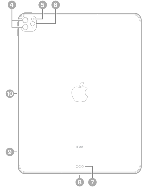 „iPad Pro“ vaizdas iš galo su nuorodomis į galines kameras ir blykstę viršuje kairėje, „Smart Connector“ bei USB-C jungtį apačioje centre, SIM kortelės dėklą („Wi-Fi + Cellular“ modeliai) apačioje kairėje ir magnetinę „Apple Pencil“ jungtį kairėje.