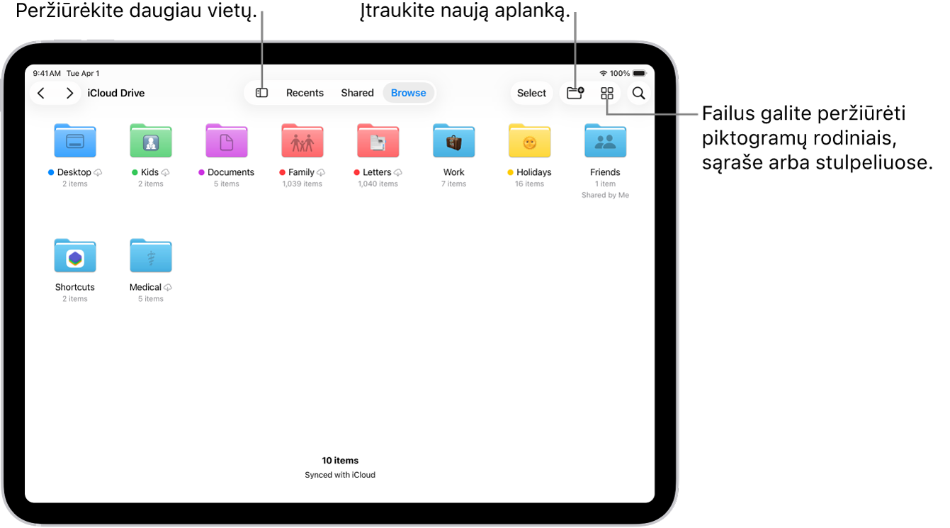 Programoje „Failai“ rodomi keli aplankai ir vietos – „Atsisiuntimai“, „Laiškai“, „Šeima“ ir pan. Ekrano apačioje yra failų „Naujausi“, failų „Bendrinama“ ir skirtuko „Naršyti“ mygtukai.