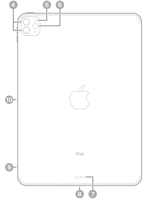 „iPad Pro“ vaizdas iš galo su nuorodomis į galines kameras ir blykstę viršuje kairėje, „Smart Connector“ bei „Thunderbolt“ / USB 4 jungtį apačioje centre, SIM kortelės dėklą („Wi-Fi + Cellular“ modeliai) apačioje kairėje ir magnetinę „Apple Pencil“ jungtį kairėje.