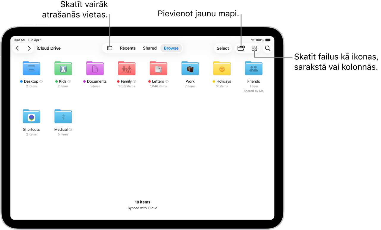 Lietotnē Files tiek rādītas vairākas mapes un atrašanās vietas ar nosaukumiem Downloads, Letters, Family utt. Ekrāna apakšdaļā ir failu poga Recent un Shared, kā arī cilne Browse.