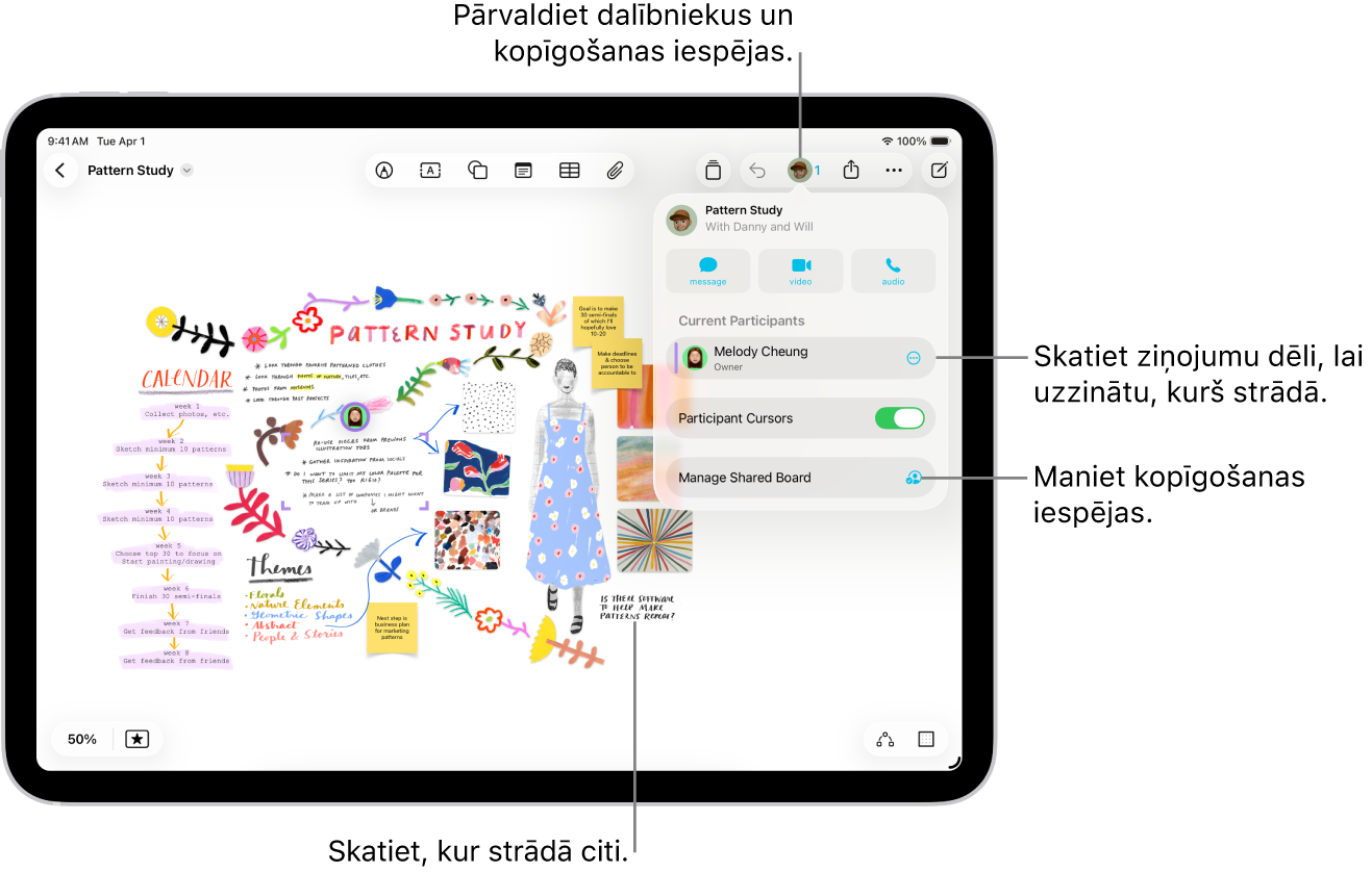 Koplietojama Freeform tāfele iPad ierīcē ar atvērtu sadarbošanās izvēlni un citu dalībnieku atrašanās vietu tāfelē, kas atzīmēta ar krāsainām atzīmēm.