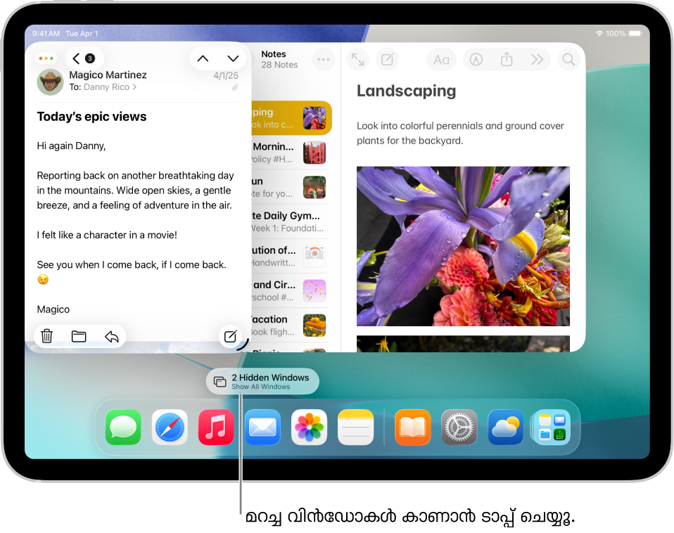 രണ്ട് ആപ്പുകൾ തുറന്നിരിക്കുന്ന ഒരു iPad സ്ക്രീൻ, കൂടാതെ ഗുളികയുടെ ആകൃതിയിലുള്ള ‘എല്ലാ വിൻഡോകളും കാണിക്കൂ’ ബട്ടൺ, അതിൽ ടാപ്പ് ചെയ്യുമ്പോൾ, ലക്ഷ്യം വയ്ക്കുന്ന ആപ്പിലെ എല്ലാ തുറന്ന വിൻഡോകളും കാണിക്കുന്നു.