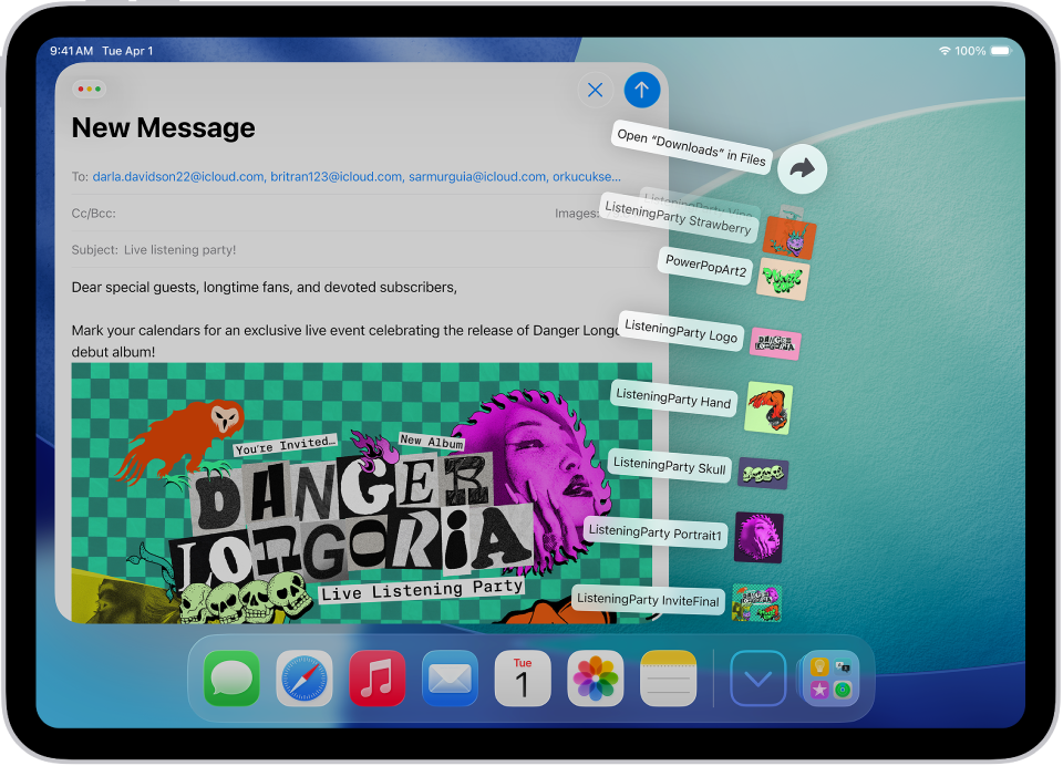 Dock-ൽ നിന്ന് തുറക്കാവുന്ന ഫയലുകൾ കാണിക്കുന്ന iPad ഹോം സ്ക്രീൻ.