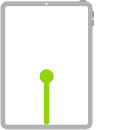 iPad-ന്റെ ഒരു ചിത്രീകരണം. സ്ക്രീനിന്റെ താഴത്തെ സെന്ററിൽ നിന്ന് ആരംഭിച്ച്, സ്ക്രീനിന്റെ നടുവിലെ മധ്യ പോയിന്റിൽ ഒരു ഡോട്ടിൽ അവസാനിക്കുന്ന ഒരു ലൈൻ ഒരു ‘വലിച്ച് പോസ് ചെയ്യൂ’ ആംഗ്യത്തെ സൂചിപ്പിക്കുന്നു.