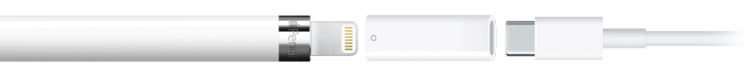 Apple Pencil അഡാപ്റ്ററിന്റെ USB-C-യിലേക്ക് Apple Pencil (ഒന്നാം ജനറേഷൻ) കണക്റ്റ് ചെയ്തു. അഡാപ്റ്ററിന്റെ മറ്റേ അറ്റം ഒരു USB-C ചാർജ് കേബിളിലേക്ക് കണക്റ്റ് ചെയ്തിട്ടുണ്ട്.