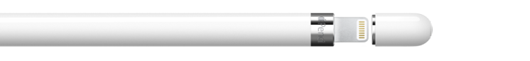 iPad-ലെ Lightning കണക്റ്ററിലേക്ക് പ്ലഗ് ചെയ്യുന്ന എൻഡ് വെളിപ്പെടുത്തുന്ന ക്യാപ് നീക്കം ചെയ്ത Apple Pencil (ഒന്നാം ജനറേഷൻ).
