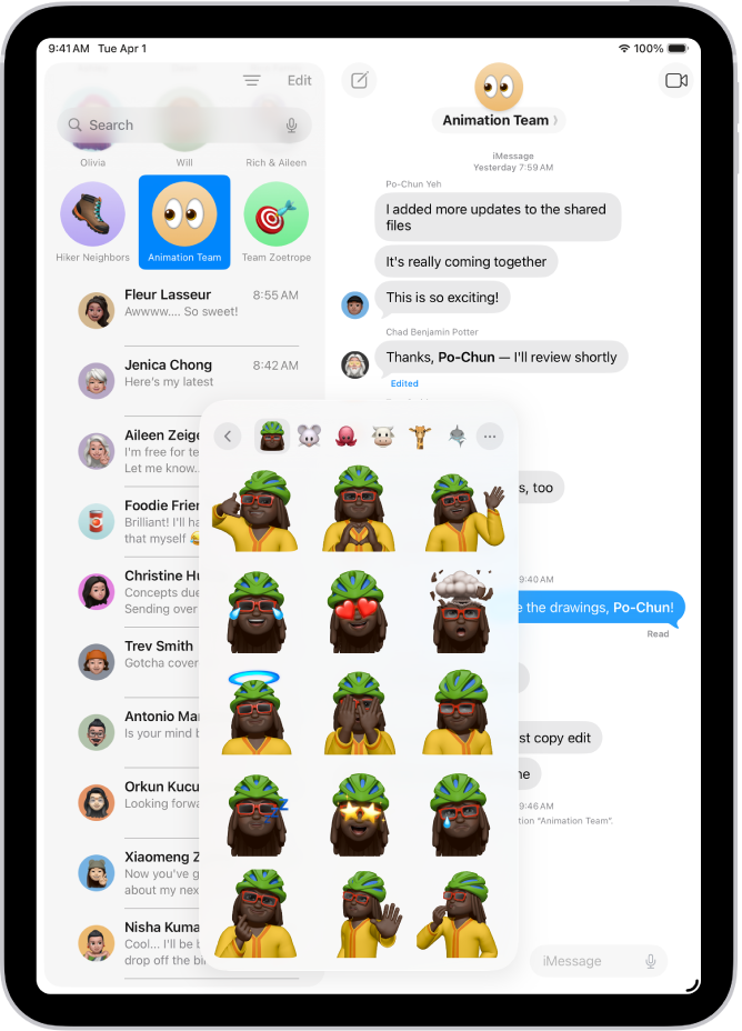 ‘संदेश’ संभाषणात उघडलेलला मेन्यू अनेक वेगवेगळ्या स्वरुपात Memoji दाखवत आहे.