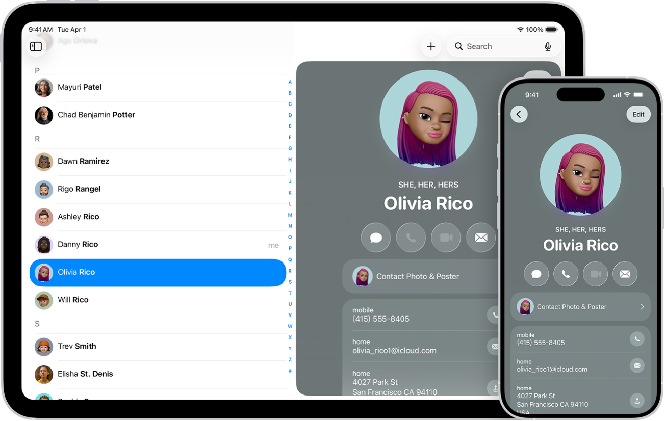 iPad वर संपर्क यादी आणि iPhone वर संपर्क कार्ड