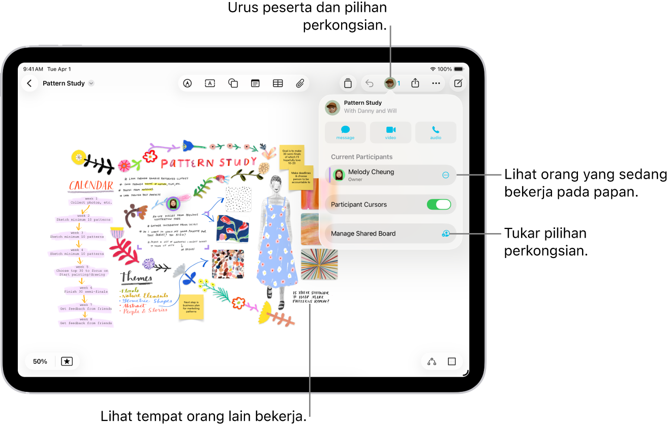 Papan Freeform dikongsi pada iPad dengan menu bekerjasama dibuka dan lokasi peserta lain pada papan yang ditandakan dengan tanda semak berwarna.