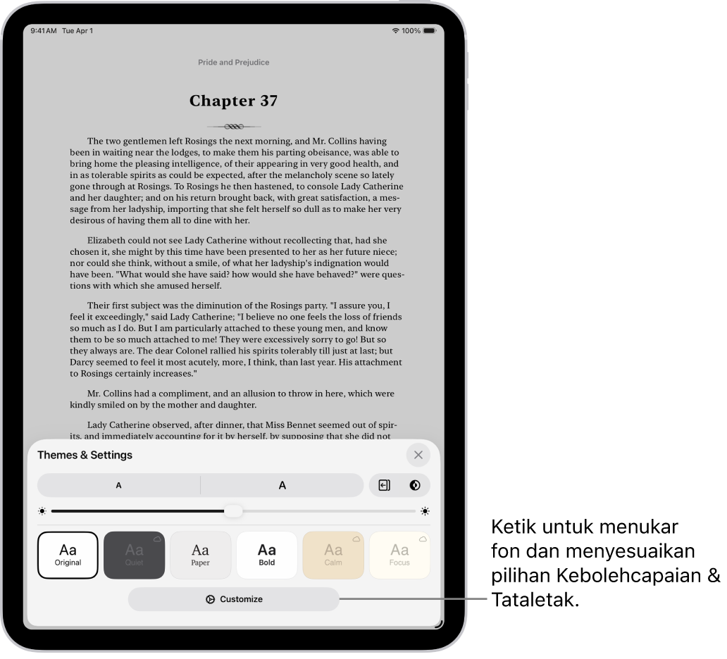 Halaman buku dalam app Buku. Pilihan Tema & Seting menunjukkan kawalan untuk saiz fon, paparan penskrolan, gaya selak halaman, kecerahan dan gaya fon.