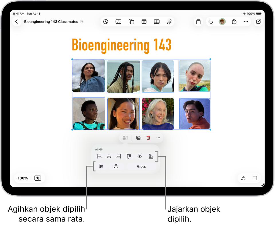 Papan Freeform diisi dengan foto grid. Beberapa foto dipilih dan alat penjajaran dan pengumpulan kelihatan di bahagian bawah.