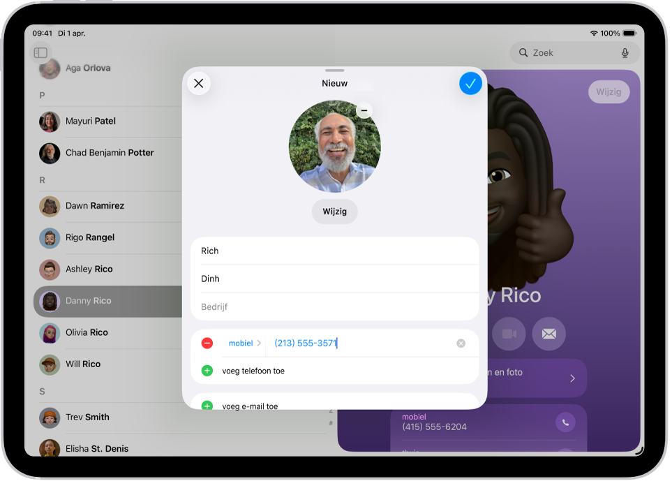 Het venster voor het toevoegen van een nieuwe contactpersoon in de Contacten-app.
