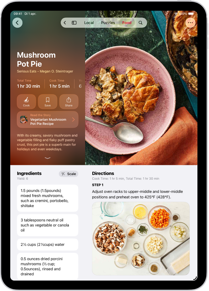 Een recept in Apple News+ met de ingrediënten en stappen.