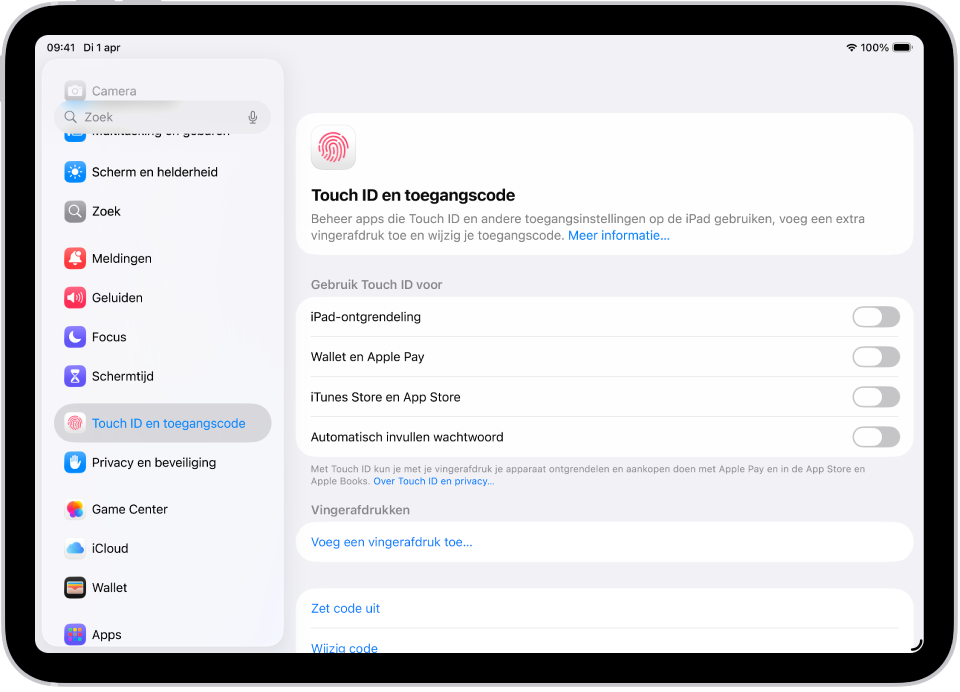 Het scherm 'Touch ID en toegangscode', met opties om een vingerafdruk toe te voegen en de toegangscode in te schakelen.