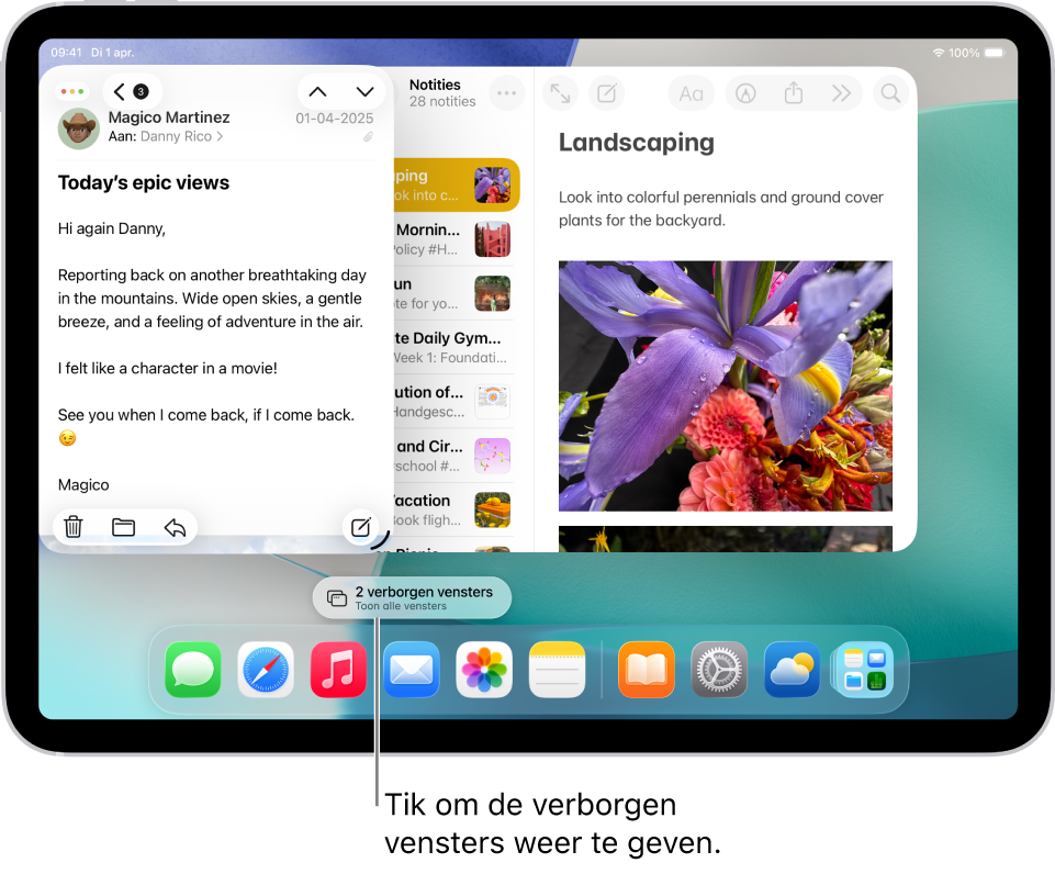 Een iPad-scherm met twee geopende apps en de ovaalvormige knop 'Toon alle vensters' waarmee alle geopende vensters in de doelapp kunnen worden weergegeven.