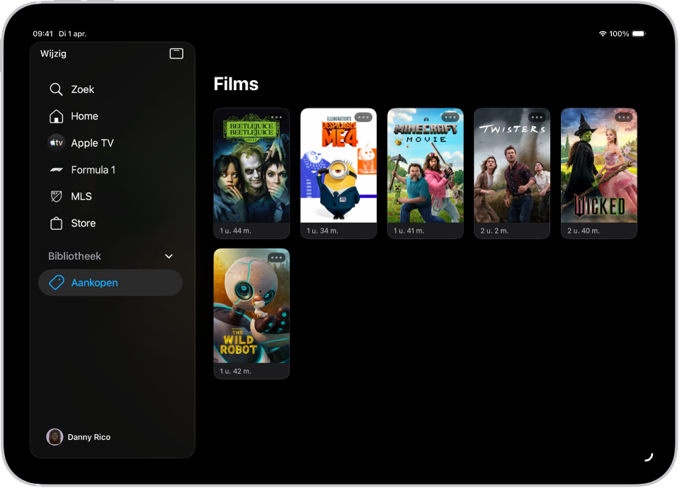 Een iPad met daarop een lijst met films in het gedeelte 'Films' in het tabblad 'Bibliotheek'.