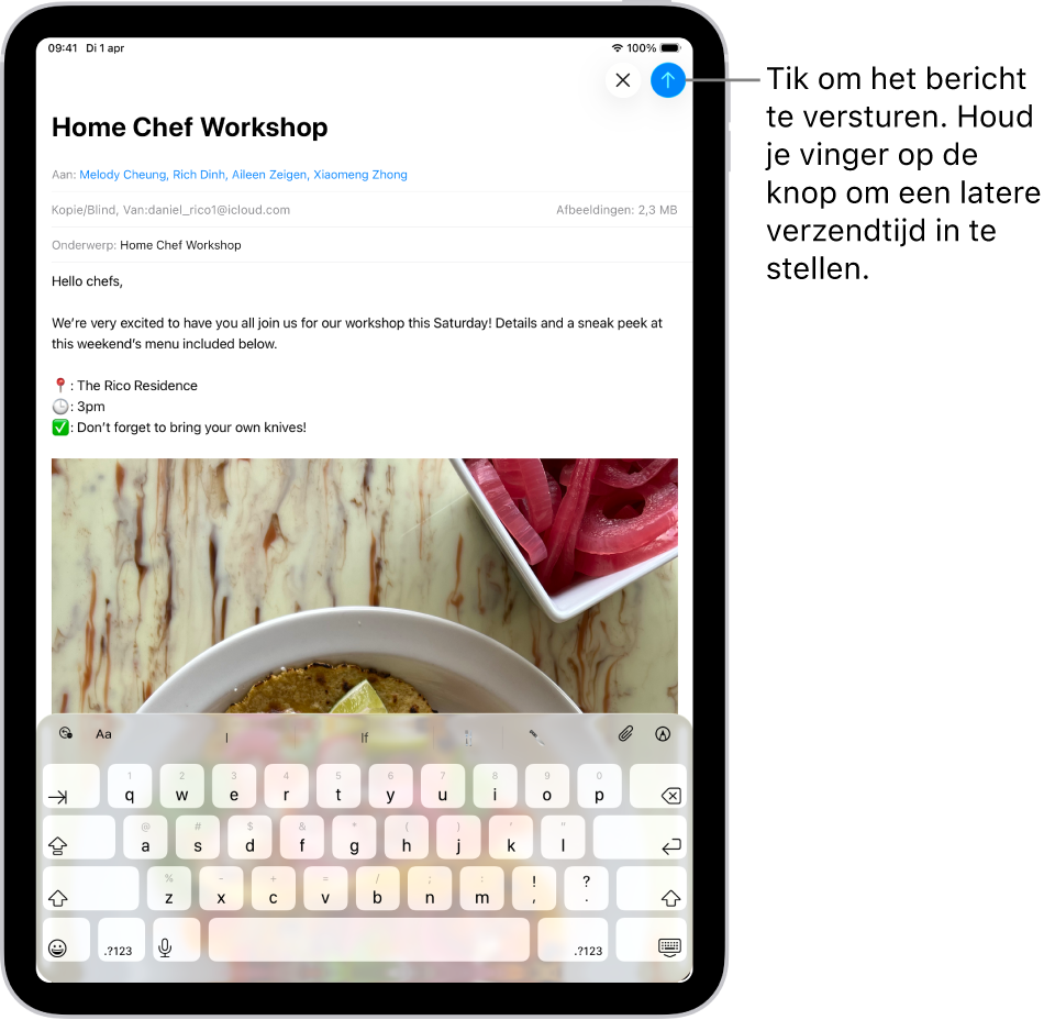 Een concept-e‑mail is geopend in de Mail-app. In de rechterbovenhoek staat de knop om het bericht te versturen. Tik erop om het bericht te versturen of houd je vinger erop om een latere verzendtijd in te stellen.
