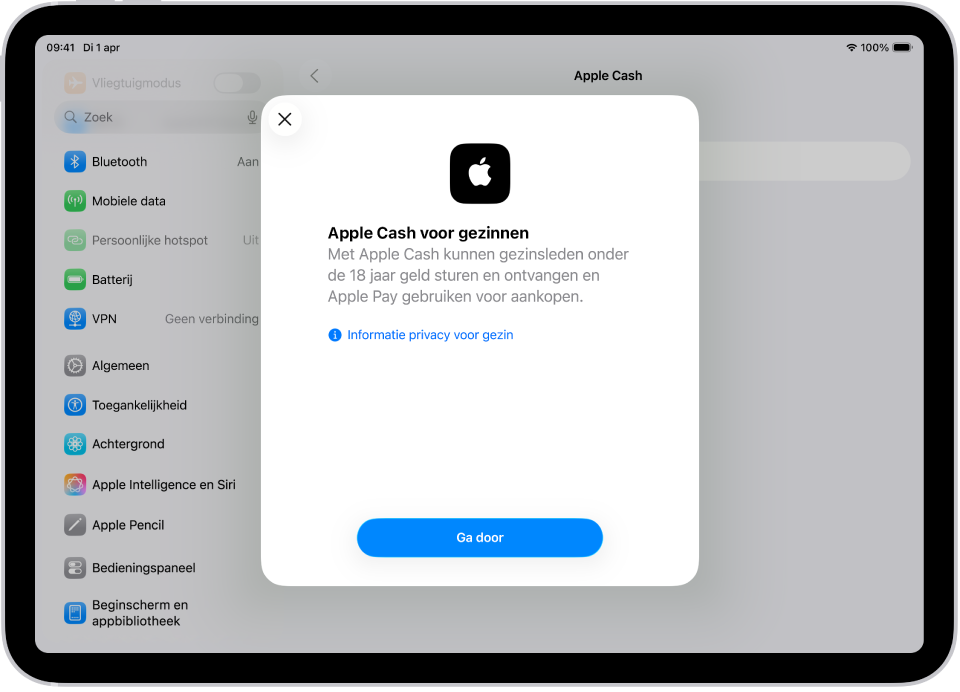 Het Instellingen-scherm met het configuratievenster voor 'Apple Cash voor gezinnen' in het midden van het scherm.