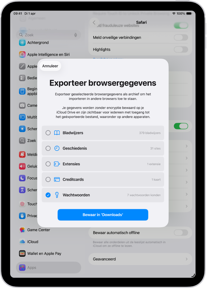 Het scherm voor het exporteren van browsergegevens, waarbij de optie 'Wachtwoorden' is geselecteerd, zodat de wachtwoorden kunnen worden geëxporteerd naar een andere wachtwoordbeheerder.