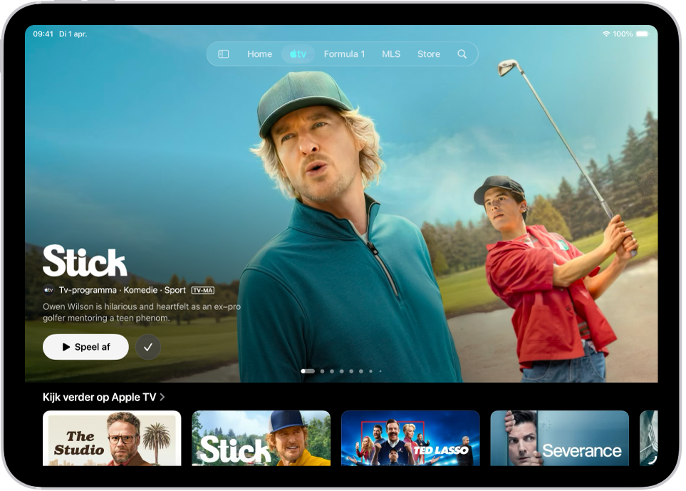 Het tabblad 'Apple TV', met in het midden een uitgelichte Apple Original boven de rij 'Kijk verder'. Boven in het scherm staan van links naar rechts de tabs 'Home', 'Apple TV', 'MLS', 'Store', 'Recente aankopen' en 'Zoek'.
