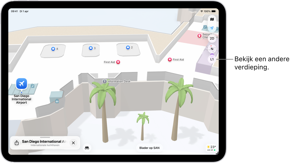 Een plattegrond van een luchthaventerminal. De kaart toont een gate, toilet, beveiligingscontrolepunt en eerste hulp. Bij kaarten van gebouwen met meerdere verdiepingen kun je naar een andere verdieping gaan met de knop 'L2' (voor verdieping 2).