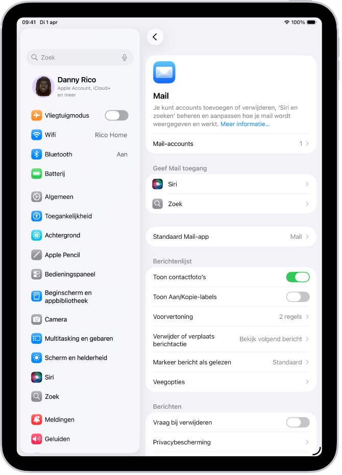 Het scherm met Mail-instellingen.