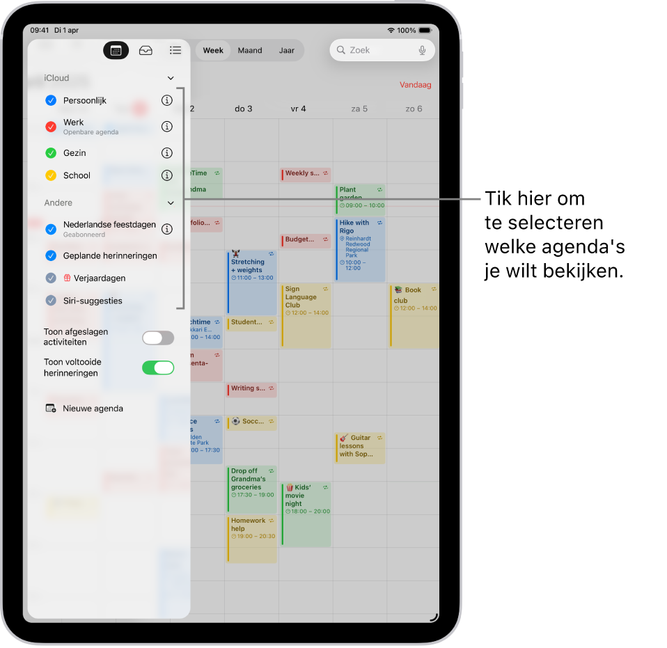 De lijst met agenda's met een vinkje bij actieve agenda's. Rechtsbovenin zie je de knop 'Gereed' voor het sluiten van de lijst. Linksonderin bevindt zich de knop met het plusteken.