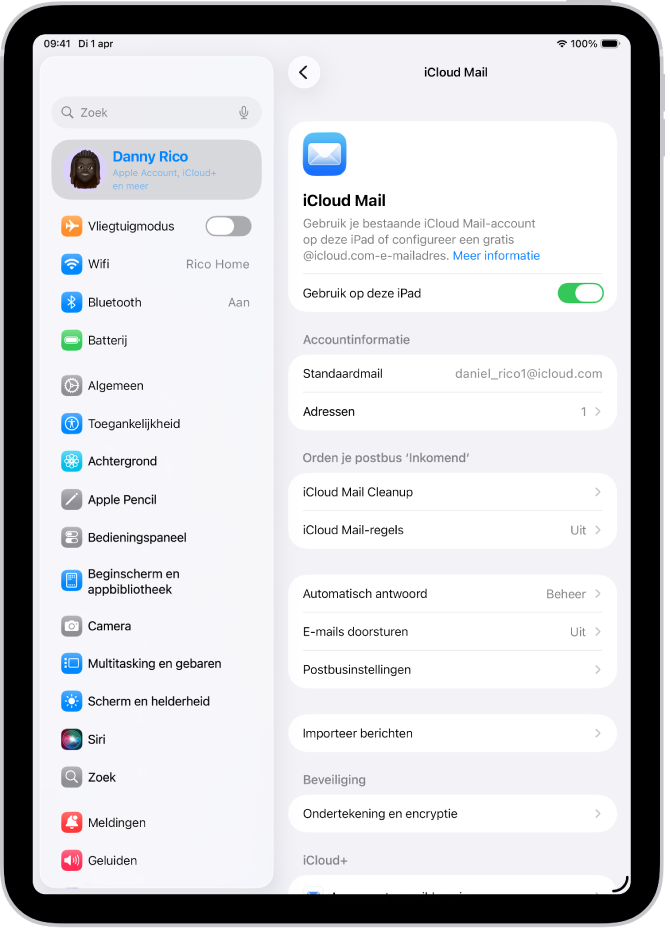 De Instellingen-app met het scherm van iCloud Mail. Onder in het menu staat 'Aangepast e‑maildomein'.