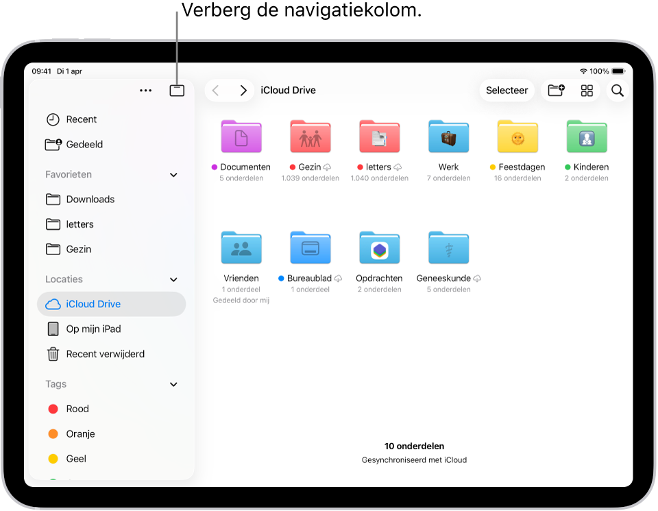 De Bestanden-app met de bestanden en mappen op je iCloud Drive. Boven in het scherm staan knoppen voor het selecteren van onderdelen, het aanmaken van een nieuwe map, het wijzigen van de weergave ('Lijst', 'Symbolen' of 'Kolommen') en 'Zoek'.