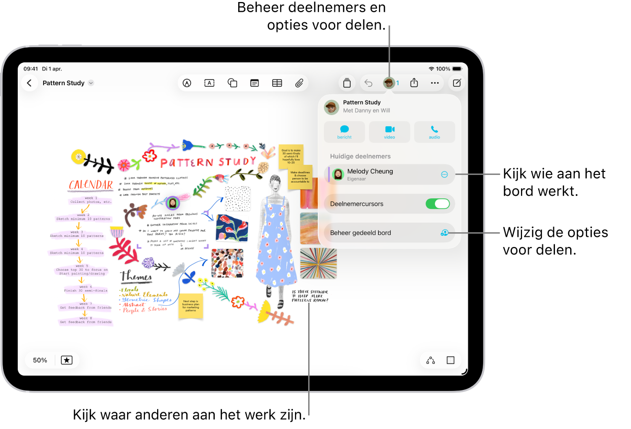 Een gedeeld Freeform-bord op een iPad. Het samenwerkingsmenu is geopend en de locatie van andere deelnemers op het bord is gemarkeerd.