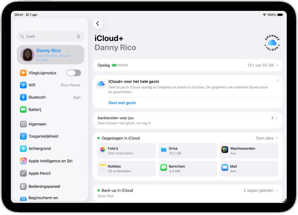 Het scherm met iCloud-instellingen. Je ziet de iCloud-opslagmeter en een lijst met apps en functies, zoals Foto's, iCloud Drive en iCloud Mail, die met iCloud kunnen worden gebruikt.