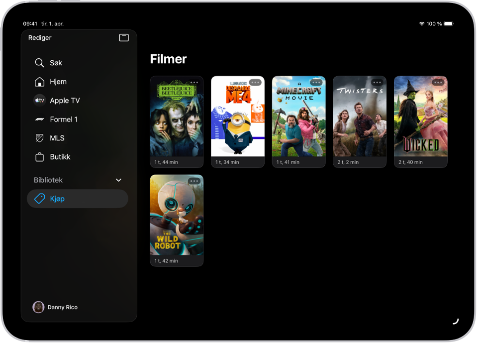 En iPad viser en liste med filmer i Filmer-delen på Bibliotek-fanen.