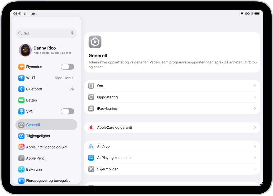 Hjem-skjermen på iPad, med flere appsymboler, inkludert Innstillinger-appsymbolet, som du kan trykke på for å endre lydvolumet, lysstyrken på skjermen og annet på iPaden.