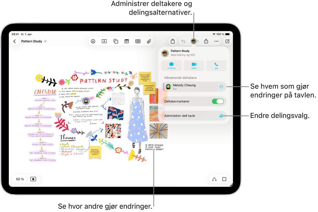 En delt Freeform-tavle på iPad med samarbeidsmenyen åpen, og en andre deltakeres posisjon på tavlen merket med fargede merker.