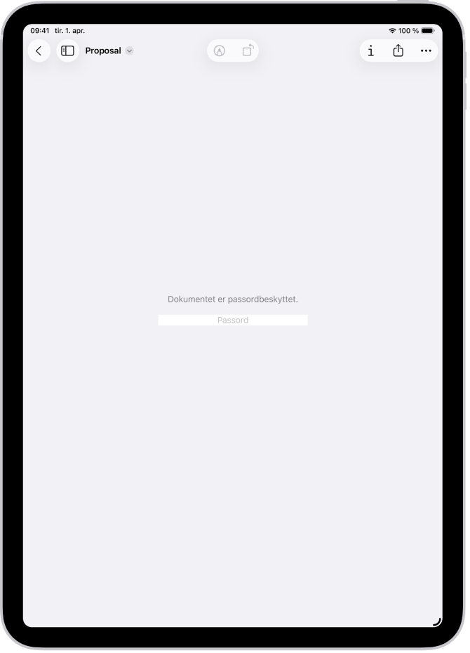 Et låst PDF-skjema i Forhåndsvisning-appen med et passordfelt. Nederst på skjermen vises knappene Merking, Info og Del.