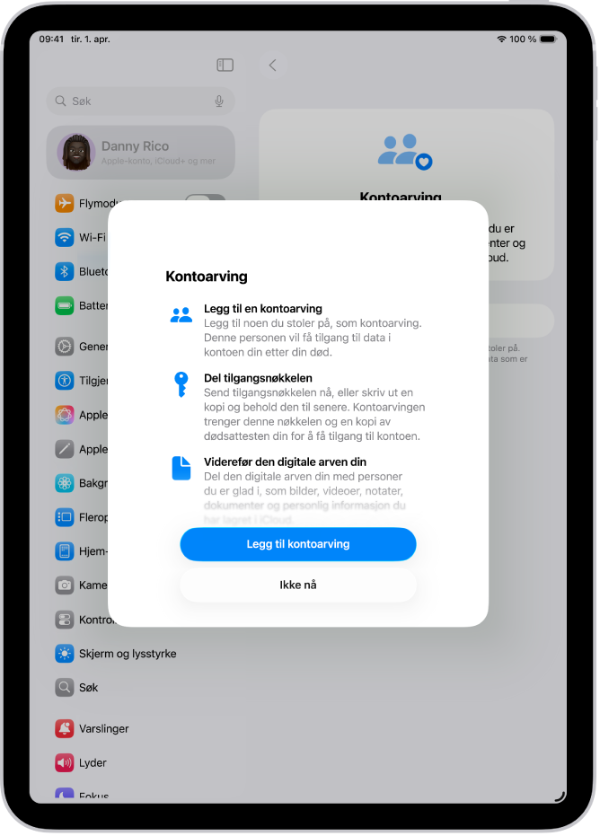Kontoarving-skjermen med informasjon om funksjonen. Legg til kontoarving-knappen er nederst.
